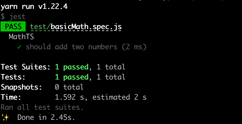 screenshot of terminal output showing successful a successful jest test