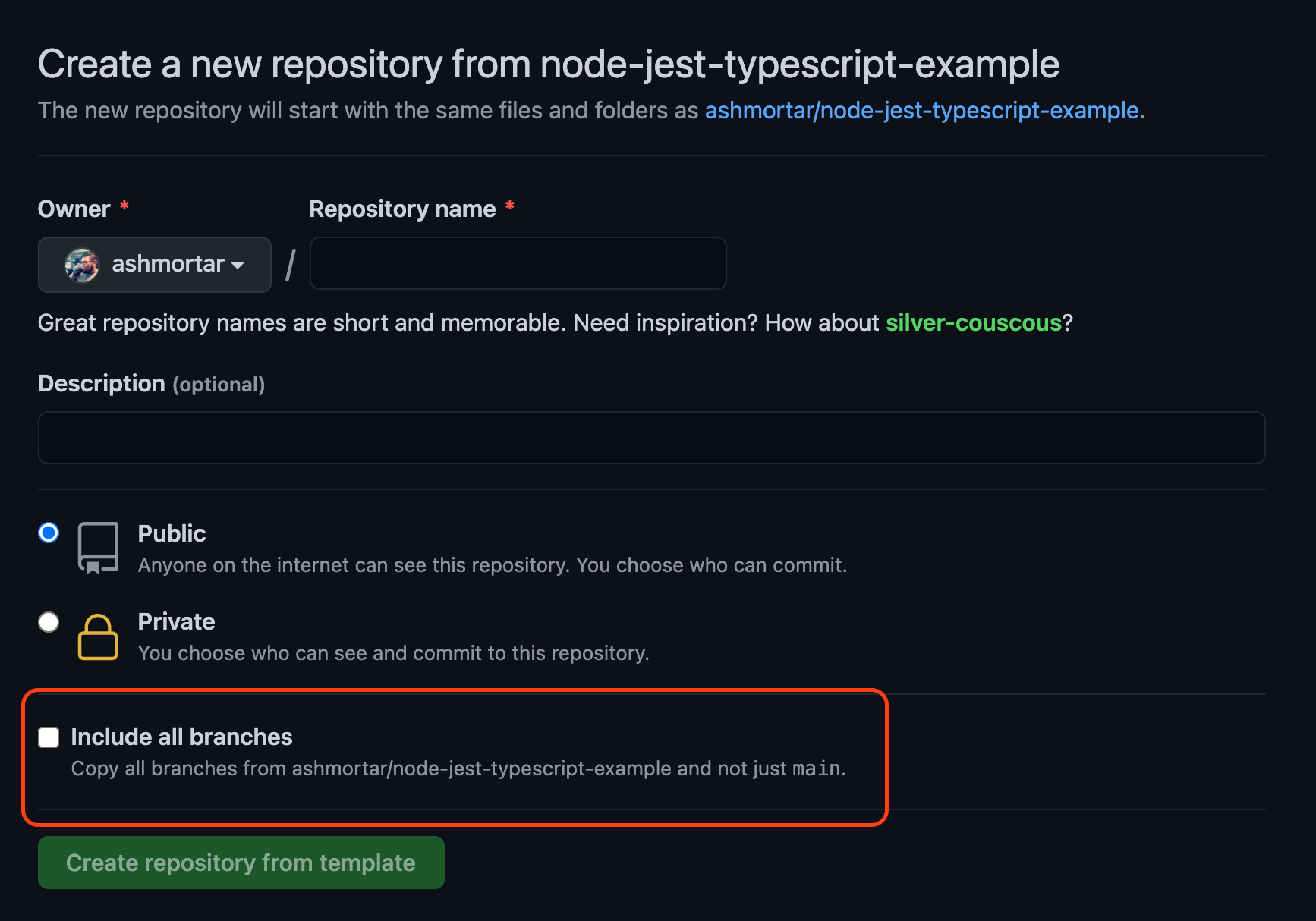 screenshot example of the github template page with include all branches option highlighted